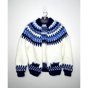 Vintage 60s Hand Knit Fair Isle Cardigan Women’s Small Nordic Wool Sweater